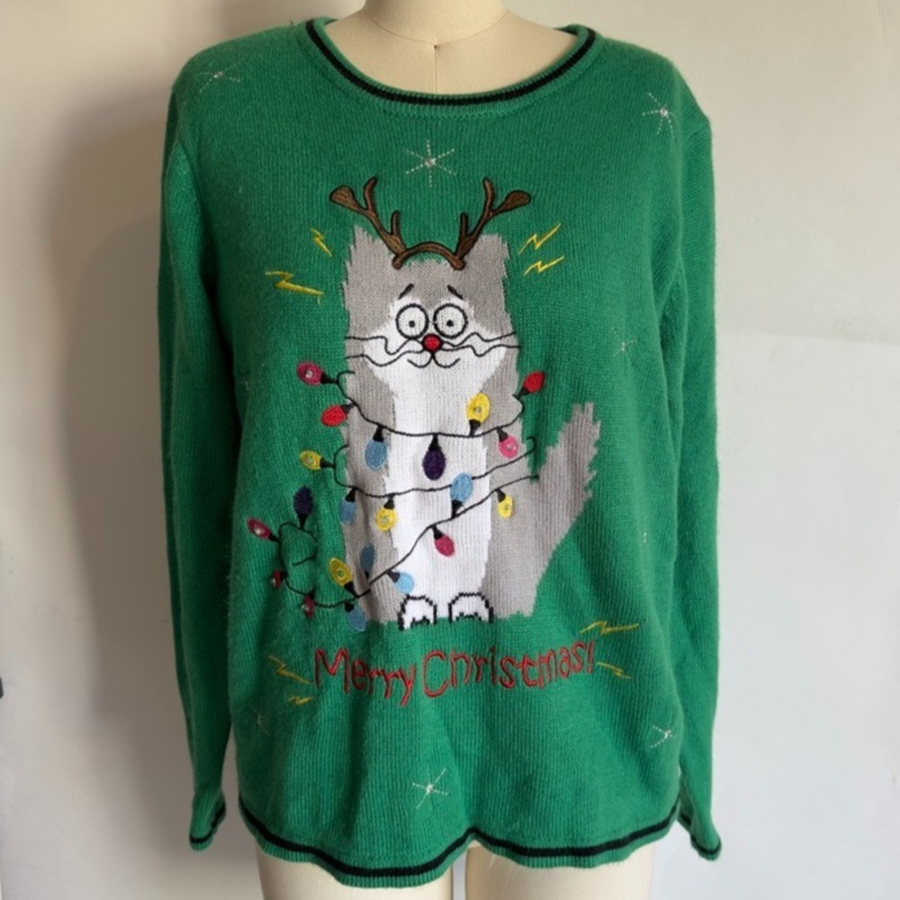 Holiday Time Cat Light Up Ugly Merry‎ Christmas Party Sweater-Size L-Green-Works